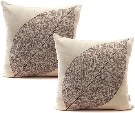 New Farmhouse Leaves Decor Linen Throw Pillow Cases | Set of 2 | 18" x 18"