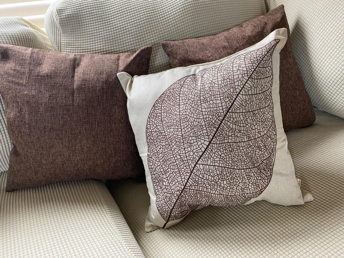 New Farmhouse Leaves Decor Linen Throw Pillow Cases | Set of 2 | 18" x 18"