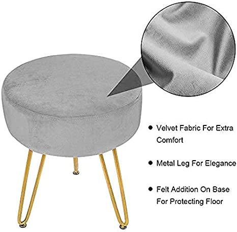 New Dressing Chair w/ Golden Metal Leg | Round Modern Upholstered Vanity Footstool Side Table Seat