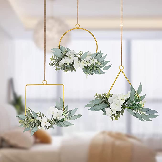 New 3 PCS Artificial Flower Hoop Wreath | Hydrangea Flowers White & Willow Leaves Vine