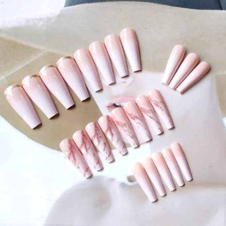 New 24 PCS Nude Press On Nails Coffin Long Fake Nails Acrylic Gradient False Nails