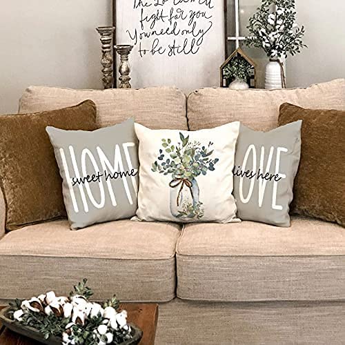 Farmhouse Pillow Covers 18x18 Set of 4,Eucalyptus Leaves Decorations Truck Vase Home Sweet Home ...