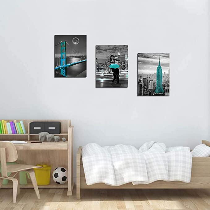 New 3PCS 12" x 16" | Canvas Wall Art Cityscape Teal Painting Golden Gate Bridge New York