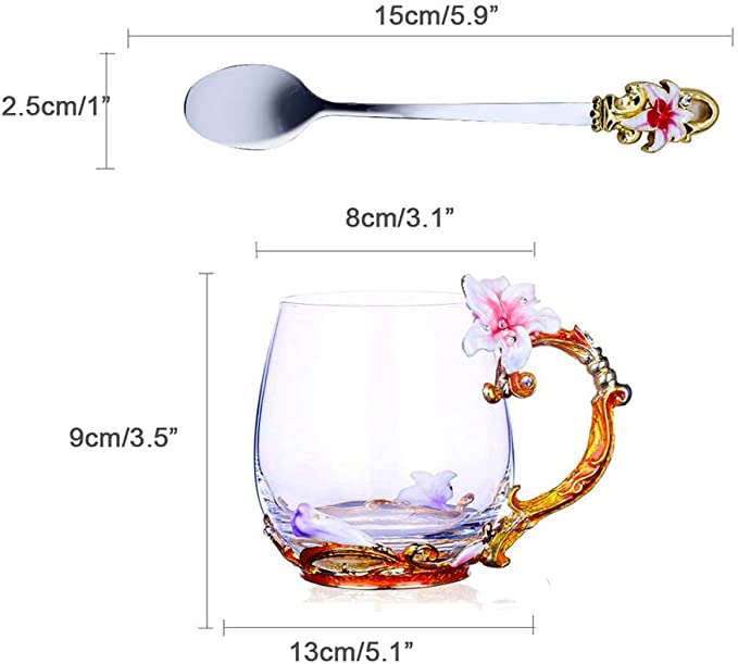 New Flower Glass Coffee Mug Tea Cups with Spoon | 11oz