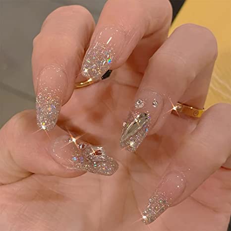 New 24 PCS Press on Nails Medium | Sparkly Glitter Artificial Glue on Nails False Nails w/ Glue