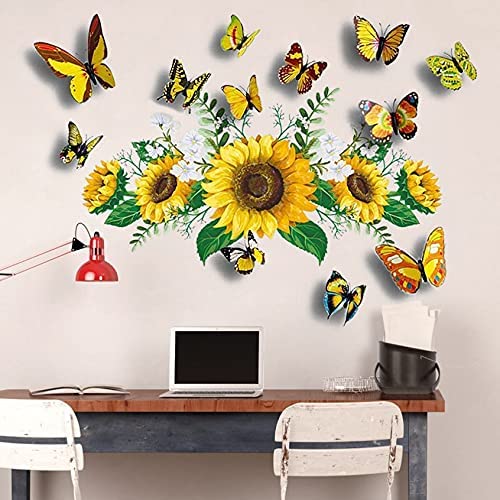 Sunflower Wall Stickers with 3D Butterfly Wall Sticker, Yellow Flowers Wall Decal,SPRT Waterproo...