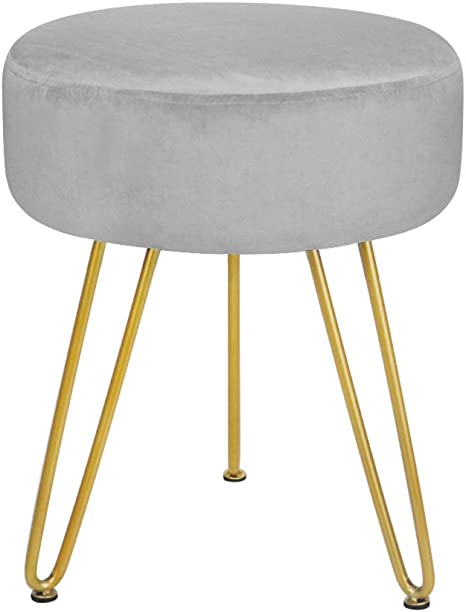 New Dressing Chair w/ Golden Metal Leg | Round Modern Upholstered Vanity Footstool Side Table Seat