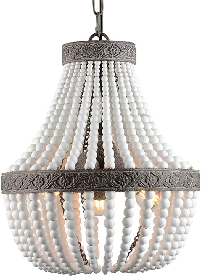 New 3-Light Bohemia Wood Beaded Chandelier | Antique Rustic Pendant Light