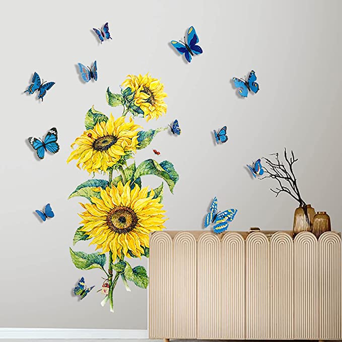 New Sunflower Wall Decals | 12 PCS Big Butterfly Wall Stickers | Removable DIY Art Decor Murals