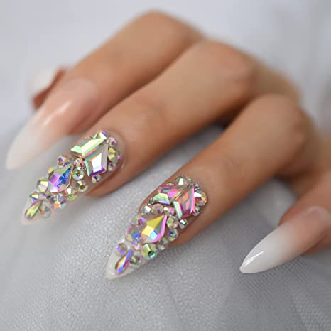 New Ombre Pink Fake Press On Nails | Artificial Jewelry Full Cover False Nail w/ Rhinestones