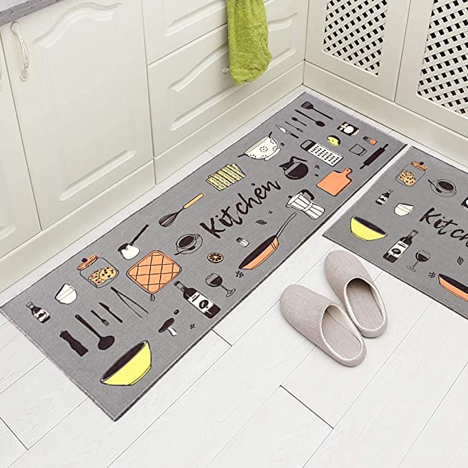 New 2 PCS 17" x 48" - 17" x 24" Non-Slip Kitchen Rug | Non-Skid Backing Mat | Bathroom Runner Rug