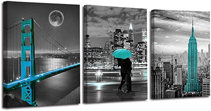 New 3PCS 12" x 16" | Canvas Wall Art Cityscape Teal Painting Golden Gate Bridge New York