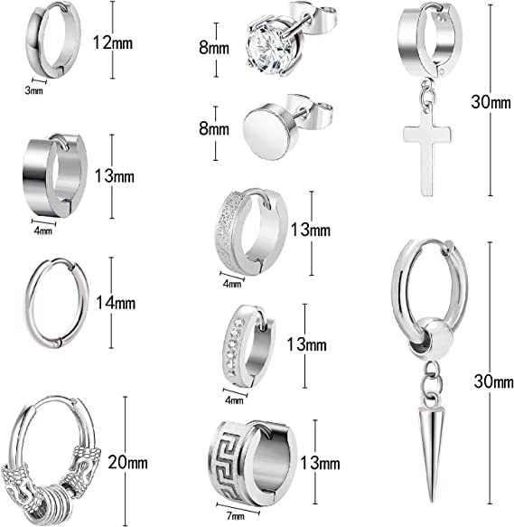 New 11 Pairs Stainless Steel Small Hoop Earrings Cross Dangle Earrings