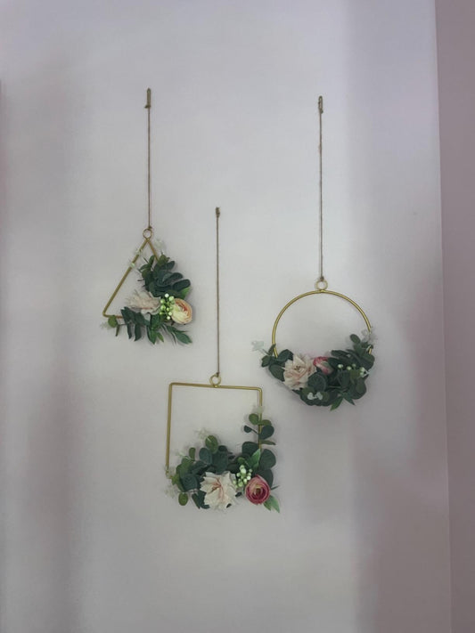 New 3 PCS Artificial Floral Hoop Wreaths | Garland w/ Pink Clematis & Tea Rose Flowers