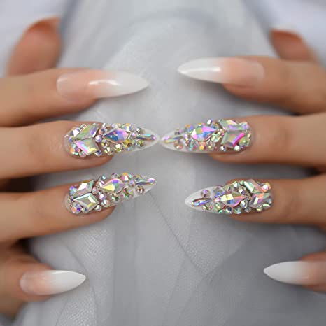 New Ombre Pink Fake Press On Nails | Artificial Jewelry Full Cover False Nail w/ Rhinestones