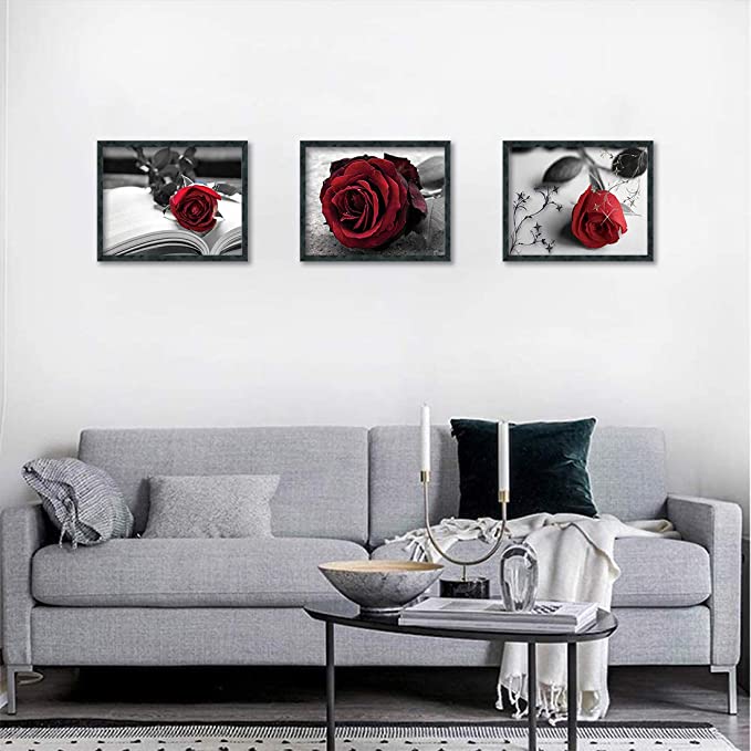 New 3PCS 8" x 10" Vintage Painting Black & White Red Rose Wall Art Paintings