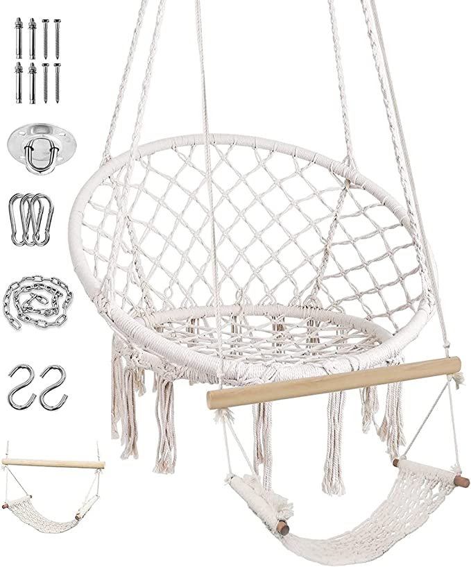 New Hanging Chair w/ Leg Rest & Hardware Kits | Macramé Rope Swing Chair-Holds up to 330 Lbs