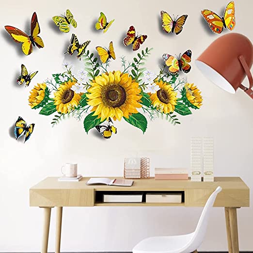 Sunflower Wall Stickers with 3D Butterfly Wall Sticker, Yellow Flowers Wall Decal,SPRT Waterproo...