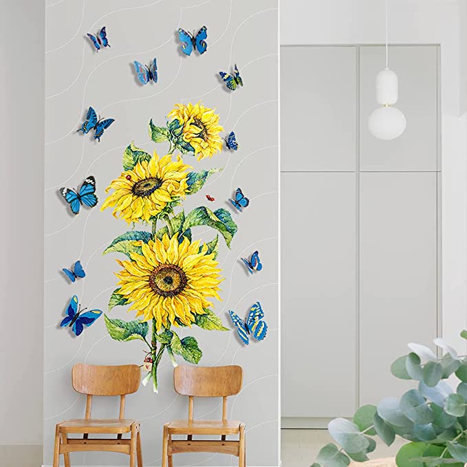 New Sunflower Wall Decals | 12 PCS Big Butterfly Wall Stickers | Removable DIY Art Decor Murals