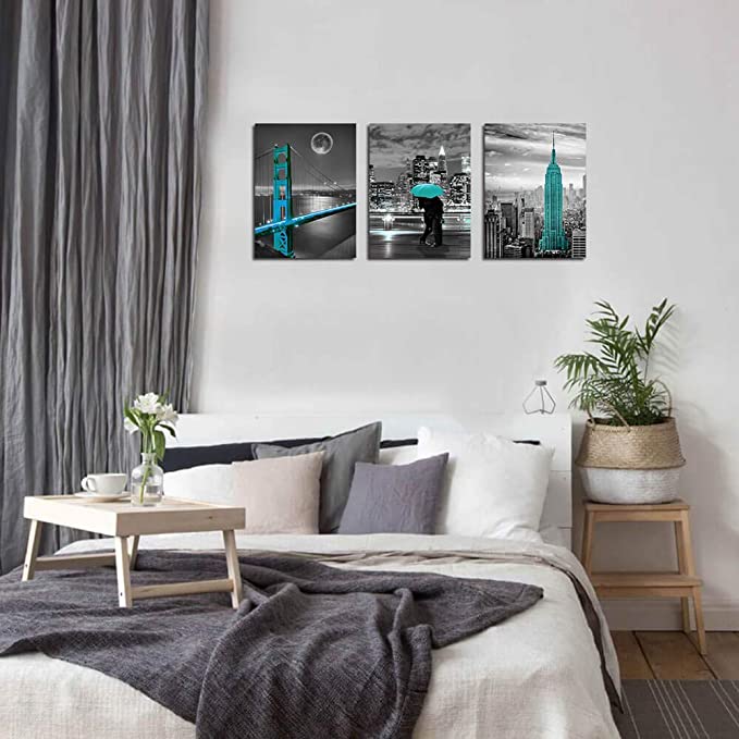 New 3PCS 12" x 16" | Canvas Wall Art Cityscape Teal Painting Golden Gate Bridge New York