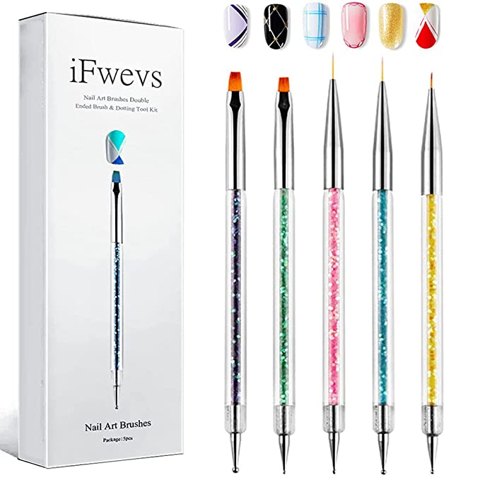 iFwevs Nail Art Brushes,5pcs Double Ended Brush & Dotting Tool Kit,Including Nail Liner Brush an...