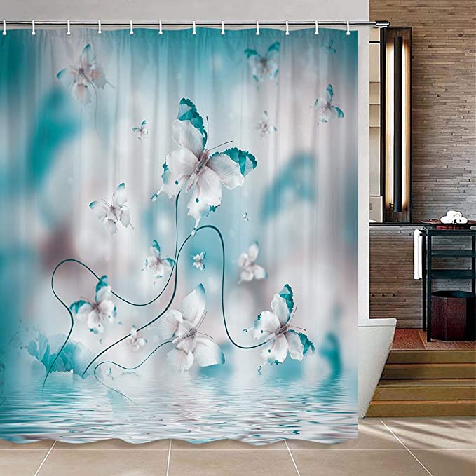 New Teal Butterfly Shower Curtain | Waterproof Bathroom Curtains | 69" x 70"