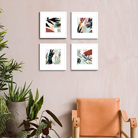 New 10" x 10" 4 Panels Wall Art Framed w/ Decorative Tropical Plant Prints | Home Wall Decor