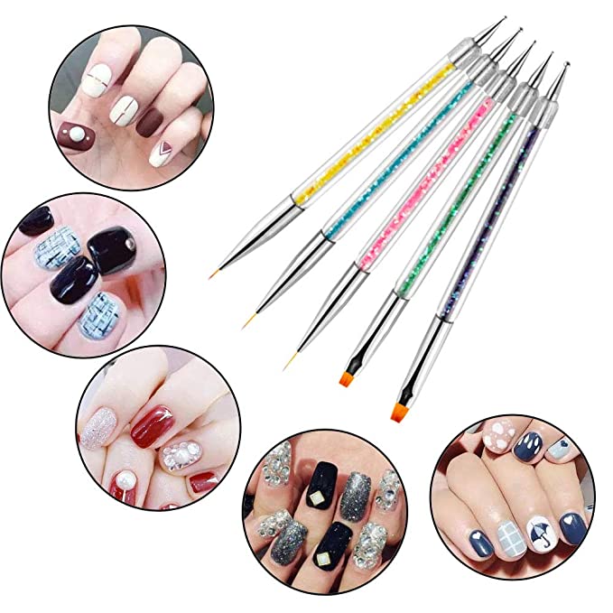 iFwevs Nail Art Brushes,5pcs Double Ended Brush & Dotting Tool Kit,Including Nail Liner Brush an...