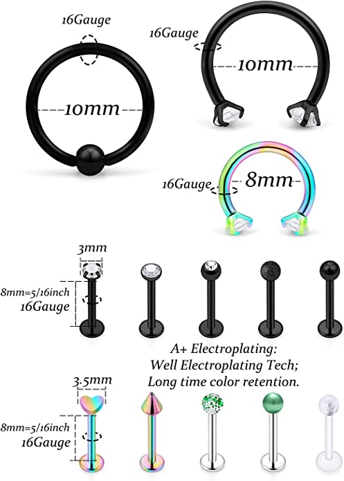 New 35 PCS 16G Stainless Steel Lip Rings | Helix Earrings Studs Septum Ring