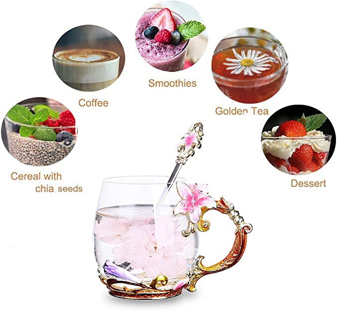 New Flower Glass Coffee Mug Tea Cups with Spoon | 11oz