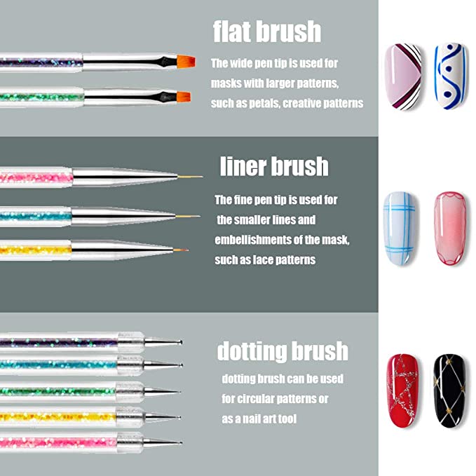 iFwevs Nail Art Brushes,5pcs Double Ended Brush & Dotting Tool Kit,Including Nail Liner Brush an...