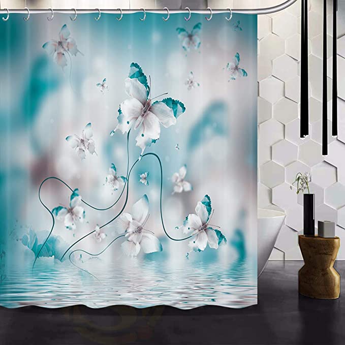 New Teal Butterfly Shower Curtain | Waterproof Bathroom Curtains | 69" x 70"