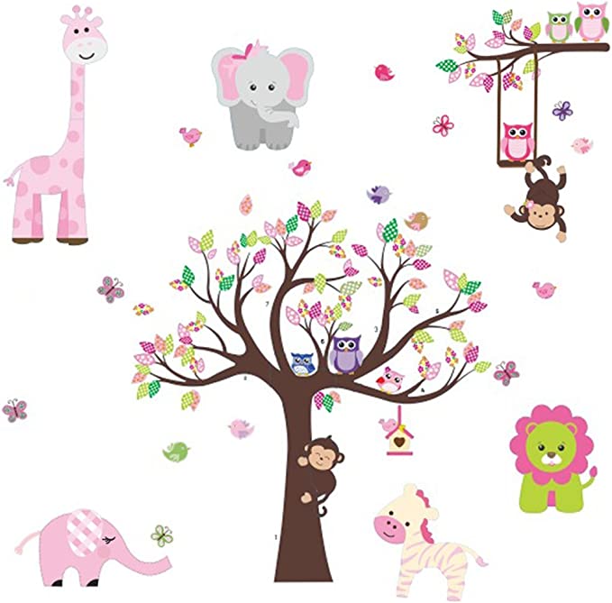 New ungle Theme Peel & Stick Girl Nursery Wall Decal | Owl Giraffe Lion Tree Decorative Sticker