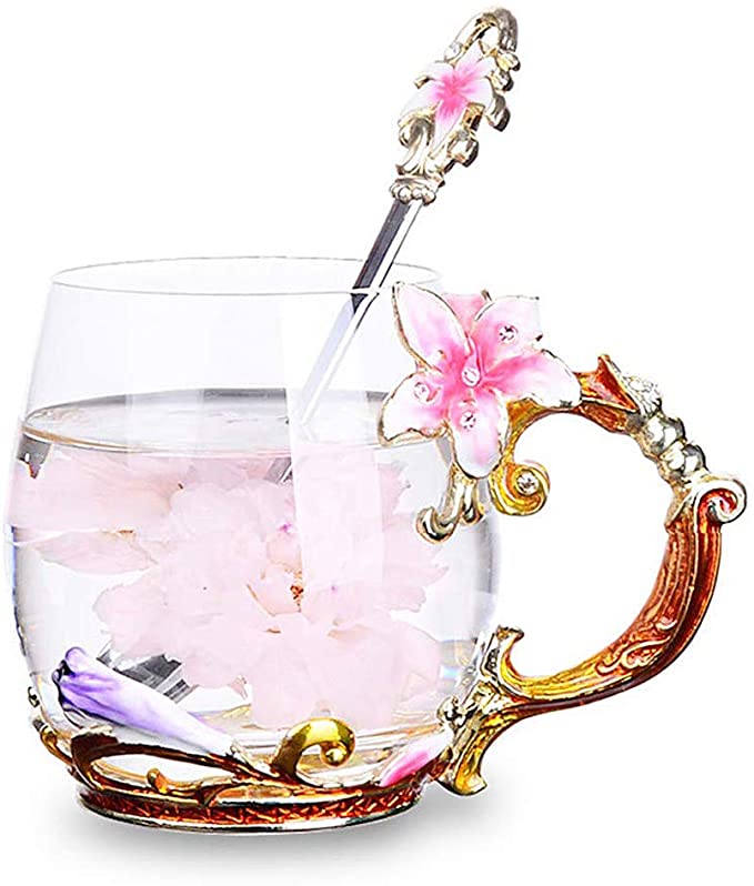 New Flower Glass Coffee Mug Tea Cups with Spoon | 11oz