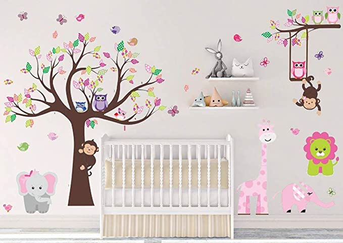 New ungle Theme Peel & Stick Girl Nursery Wall Decal | Owl Giraffe Lion Tree Decorative Sticker