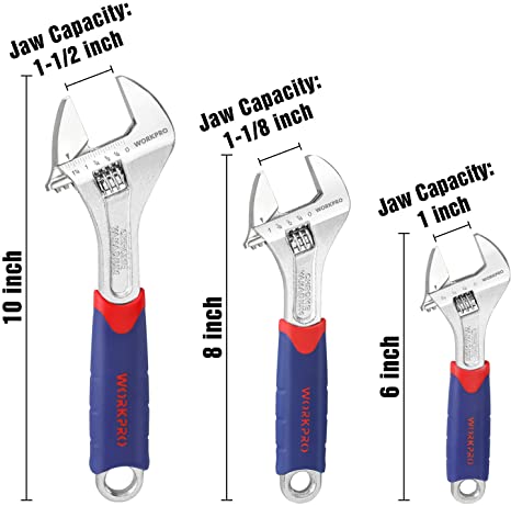 Heavy Duty 3 PCS 10" 8" 6" Adjustable Wrench Set CR-V w/ Rubberized Anti-Slip Grips