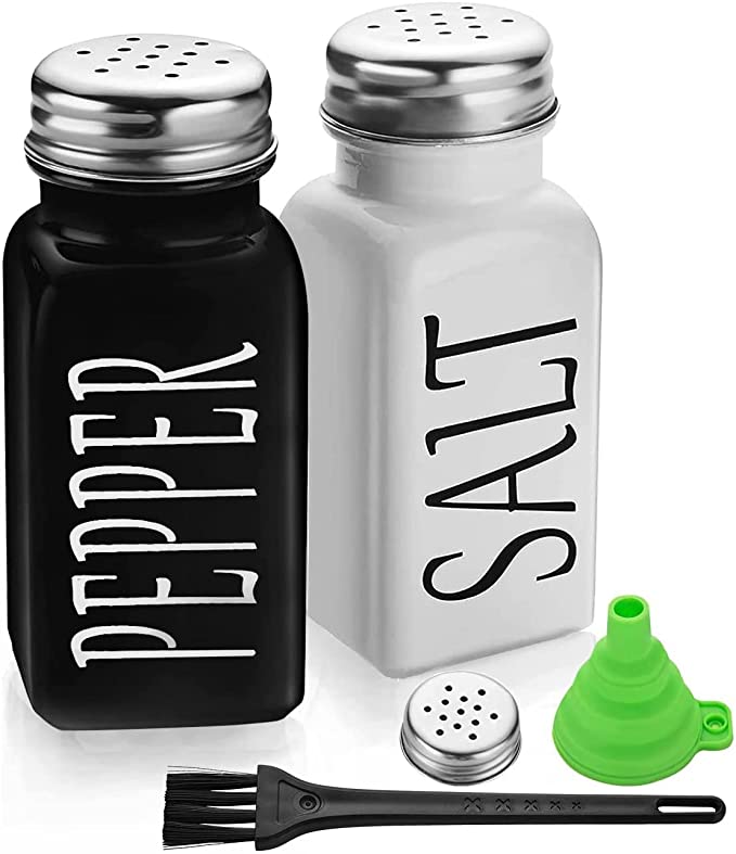 New Farmhouse Salt and Pepper Shaker Set | Vintage Glass Shaker Set w/ Stainless Steel Lid