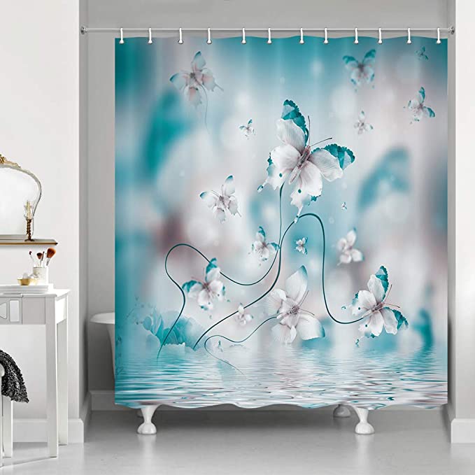 New Teal Butterfly Shower Curtain | Waterproof Bathroom Curtains | 69" x 70"