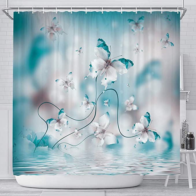 New Teal Butterfly Shower Curtain | Waterproof Bathroom Curtains | 69" x 70"