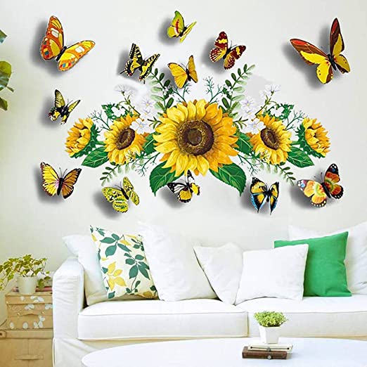 Sunflower Wall Stickers with 3D Butterfly Wall Sticker, Yellow Flowers Wall Decal,SPRT Waterproo...