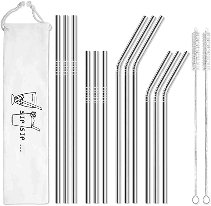 New Reusable Stainless Steel Metal Straws | Long Drinking Straws | 12 Pack