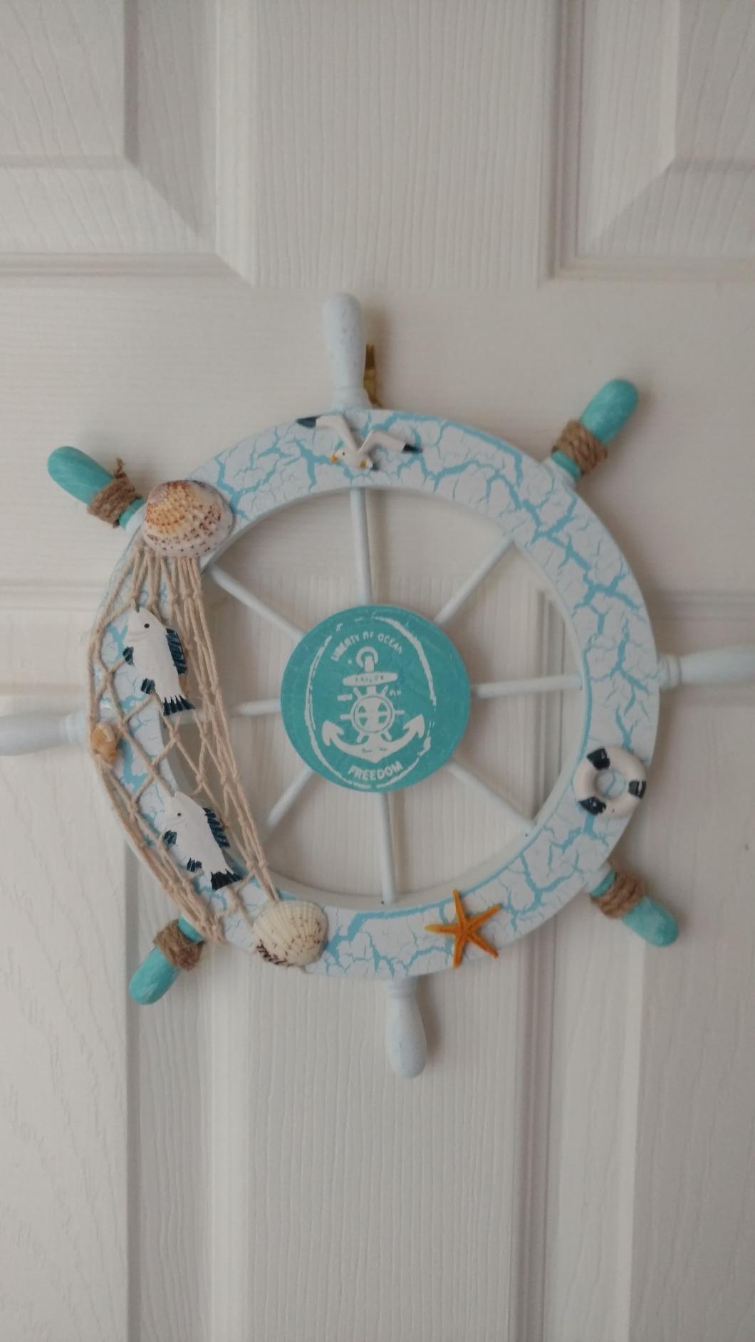 New Nautical Beach Wooden Boat Ship Steering Wheel Fishing Net Shell Home Wall Decor