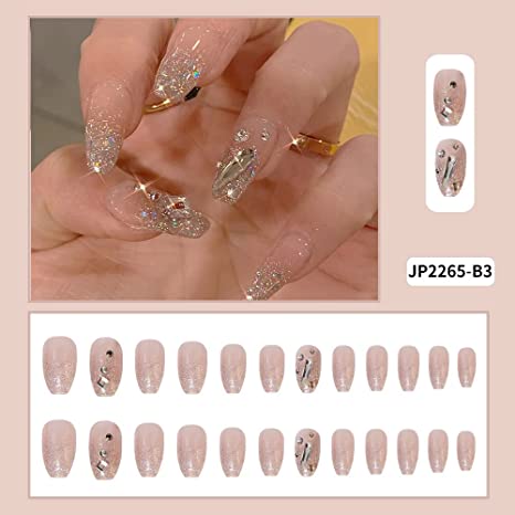 New 24 PCS Press on Nails Medium | Sparkly Glitter Artificial Glue on Nails False Nails w/ Glue