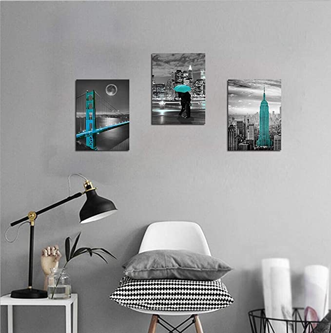 New 3PCS 12" x 16" | Canvas Wall Art Cityscape Teal Painting Golden Gate Bridge New York