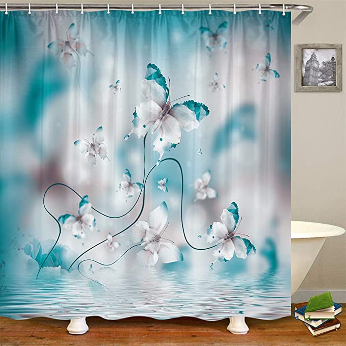 New Teal Butterfly Shower Curtain | Waterproof Bathroom Curtains | 69" x 70"