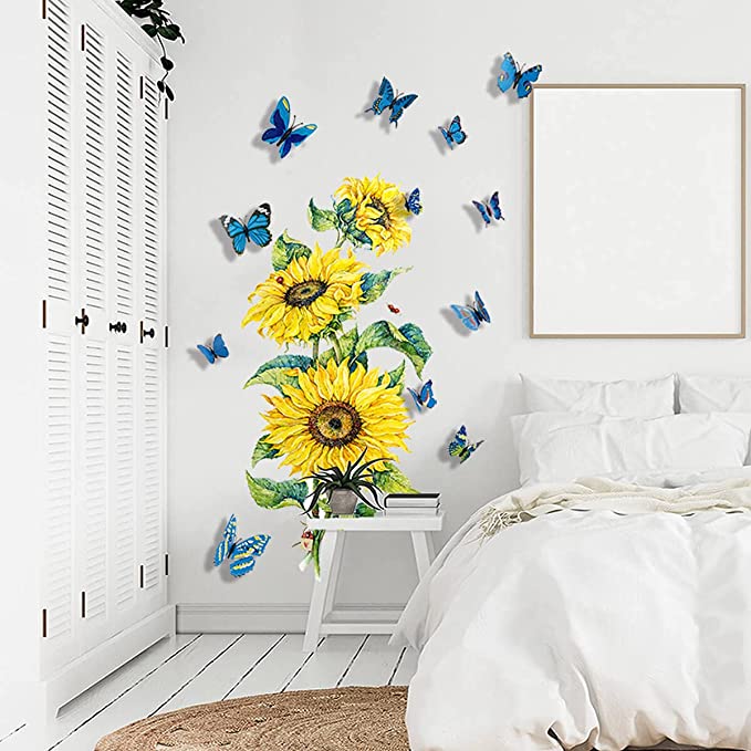 New Sunflower Wall Decals | 12 PCS Big Butterfly Wall Stickers | Removable DIY Art Decor Murals