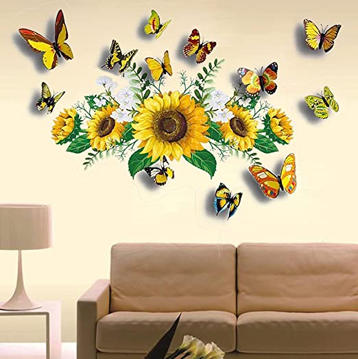 Sunflower Wall Stickers with 3D Butterfly Wall Sticker, Yellow Flowers Wall Decal,SPRT Waterproo...