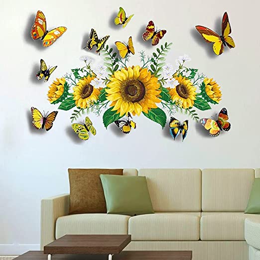 Sunflower Wall Stickers with 3D Butterfly Wall Sticker, Yellow Flowers Wall Decal,SPRT Waterproo...