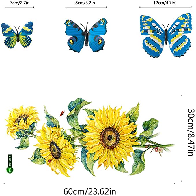 New Sunflower Wall Decals | 12 PCS Big Butterfly Wall Stickers | Removable DIY Art Decor Murals