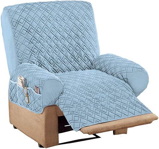 New Diamond Quilted Stretch Recliner Cover w/ Storage Blue Recliner